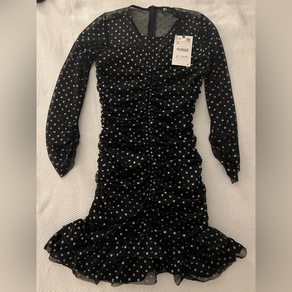 Zara Black and Silver Polka Dot Mini cocktail Dress. Size small.